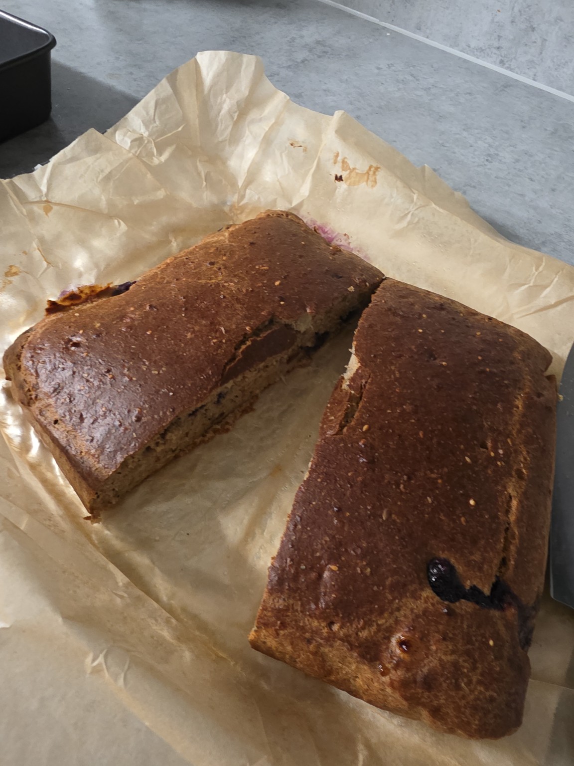 Protein banana blueberry loaf cut open