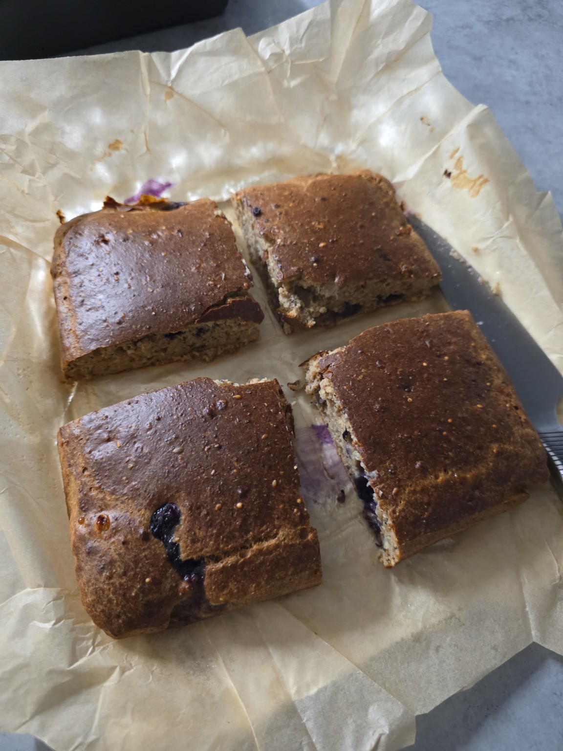 Protein banana blueberry loaf divided into portions