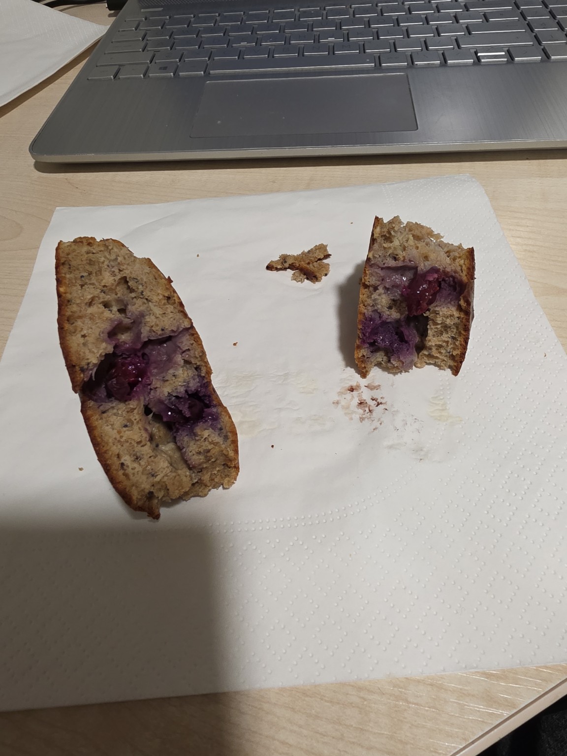 Interior of the protein banana blueberry loaf showing blueberries