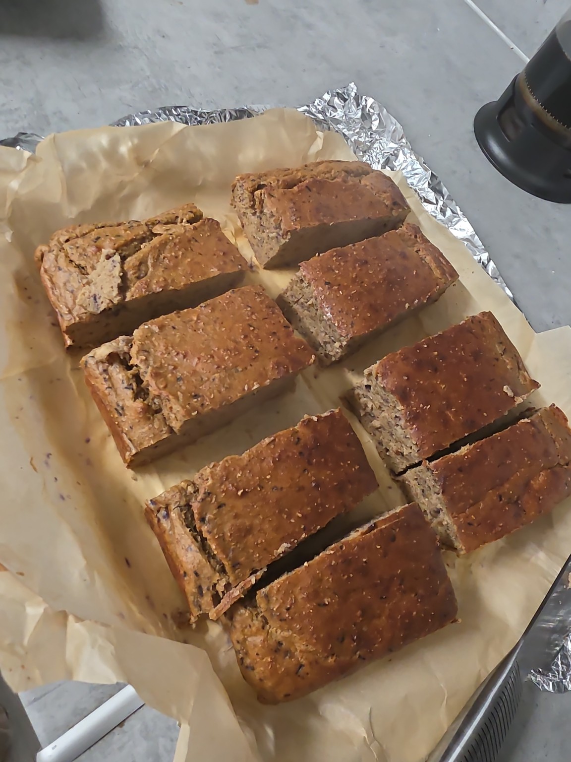 High-protein fruit loaf cut into portions
