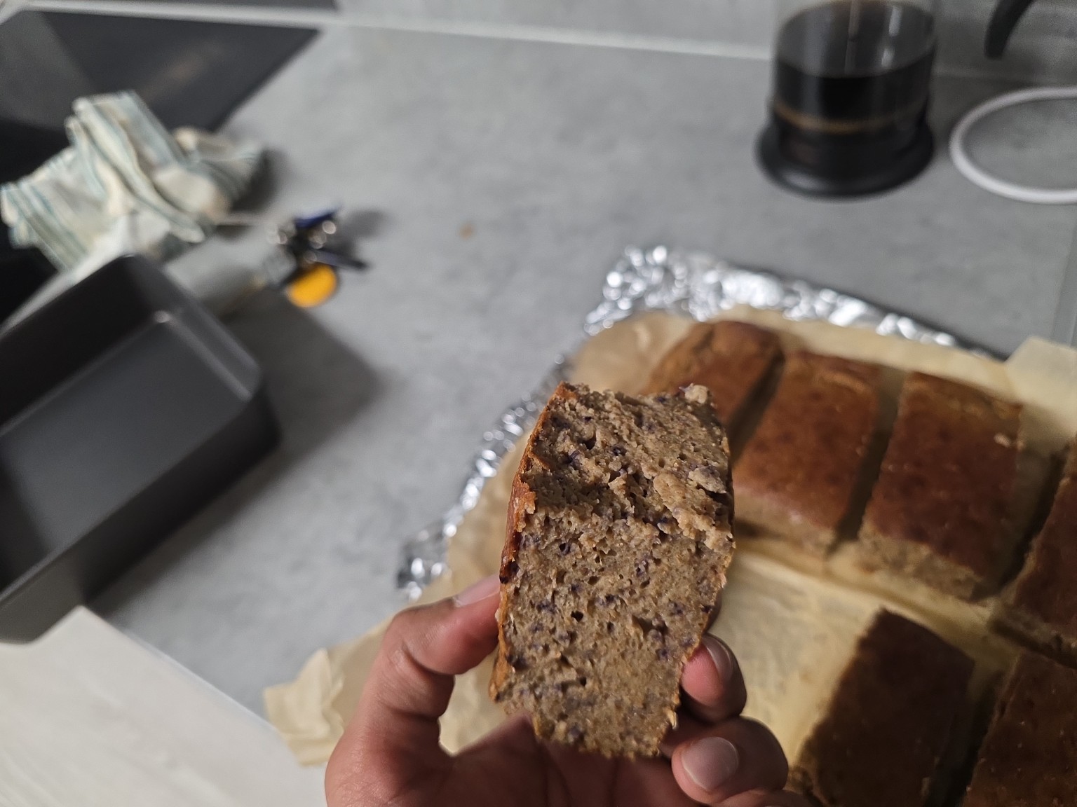 Interior texture of a slice of high-protein fruit loaf
